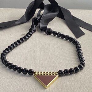 ✨Handmade Chic Black Beaded Statement Choker with Gold-Tone Triangle Pendant .
